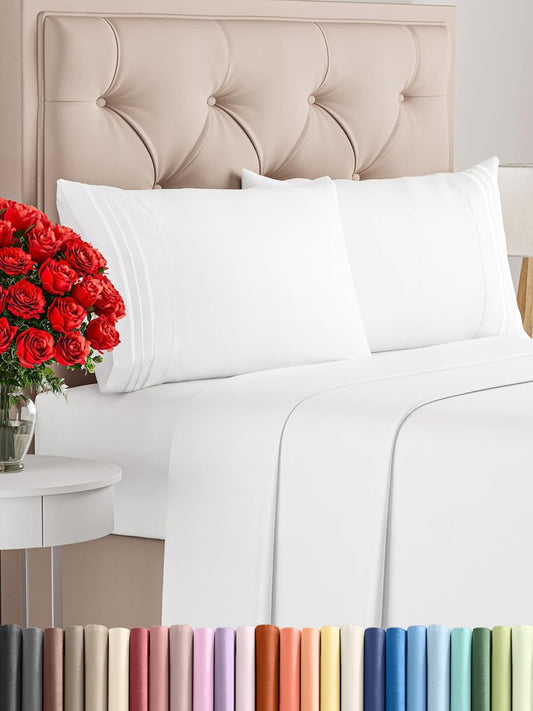 King Size 4-Piece Cooling Sheet Set – Ultra-Soft, Wrinkle-Free Luxury Bedding with Deep Pockets (White)