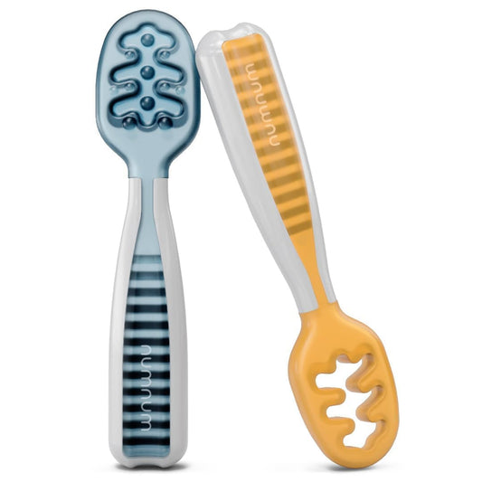 Silicone Baby Spoons – 2-Pack Pre-Spoon Self-Feeding Utensils for BLW (6+ Months, Blue/Orange)