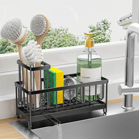 Black Sink Caddy Organizer – Rustproof Sponge Holder with Brush Slot & Soap Dispenser Space, 304 Stainless Steel