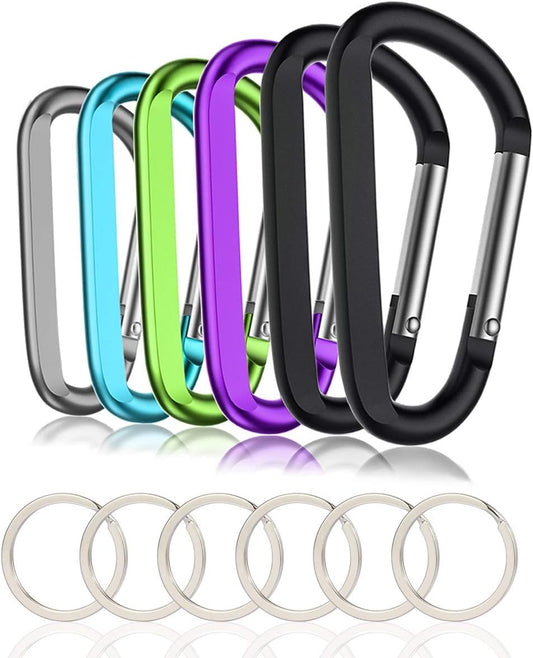 6PCS Black Carabiner Clip Set – 3" Aluminum D-Ring Clips with Keyrings for Keys, Bags, Outdoor Gear