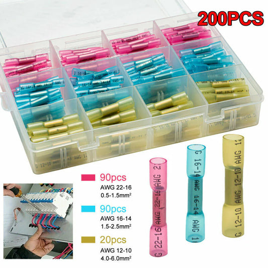200/100 PCS Heat Shrink Butt Wire Connectors Waterproof Crimp Terminals for 22–10 AWG