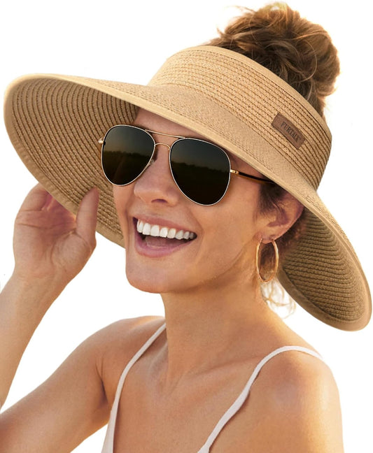 Women’s Wide Brim Straw Sun Hat – UV Protective, Foldable Beach Visor with Ponytail Slot