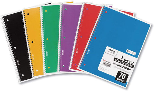 6-Pack Spiral Notebooks – 1 Subject College Ruled, 70 Sheets Each, 7.5" x 10.5", Assorted Colors