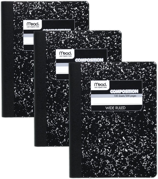 Wide Ruled Composition Notebooks – 3 Pack Black Marble, 100 Sheets Each, 7.5" x 9.75"