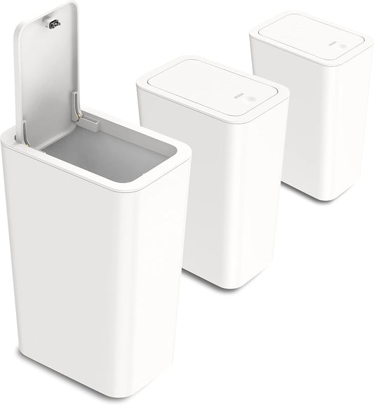 3-Pack Small Trash Cans with Lid – 10L Pop-Up Waste Baskets for Bathroom, Kitchen & Office (Off-White)
