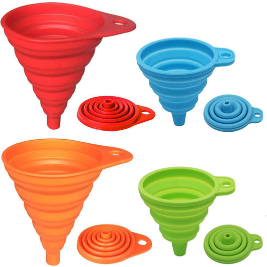 Collapsible Silicone Funnel Set – 4-Pack Foldable Kitchen Funnels for Bottles & Liquids