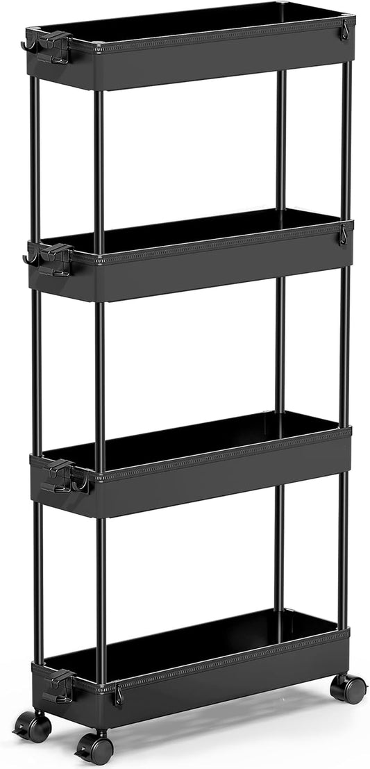 Slim Rolling Storage Cart 4 Tier Organizer Mobile Shelving Unit Utility Cart Tower Rack for Kitchen Bathroom Laundry Narrow Places, Black