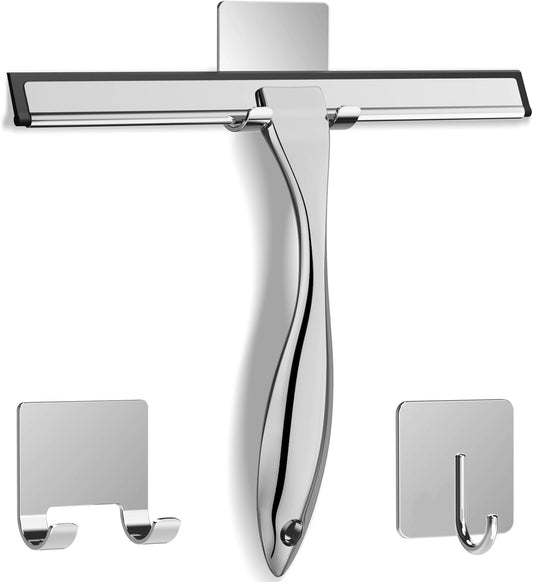 10" Stainless Steel Shower Squeegee – Glass Door & Tile Cleaner with 2 Adhesive Hooks