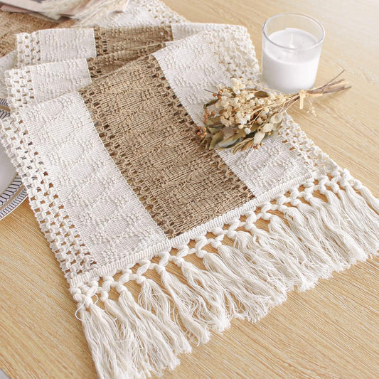 Boho Macrame Table Runner – 72" Rustic Farmhouse Burlap with Tassels