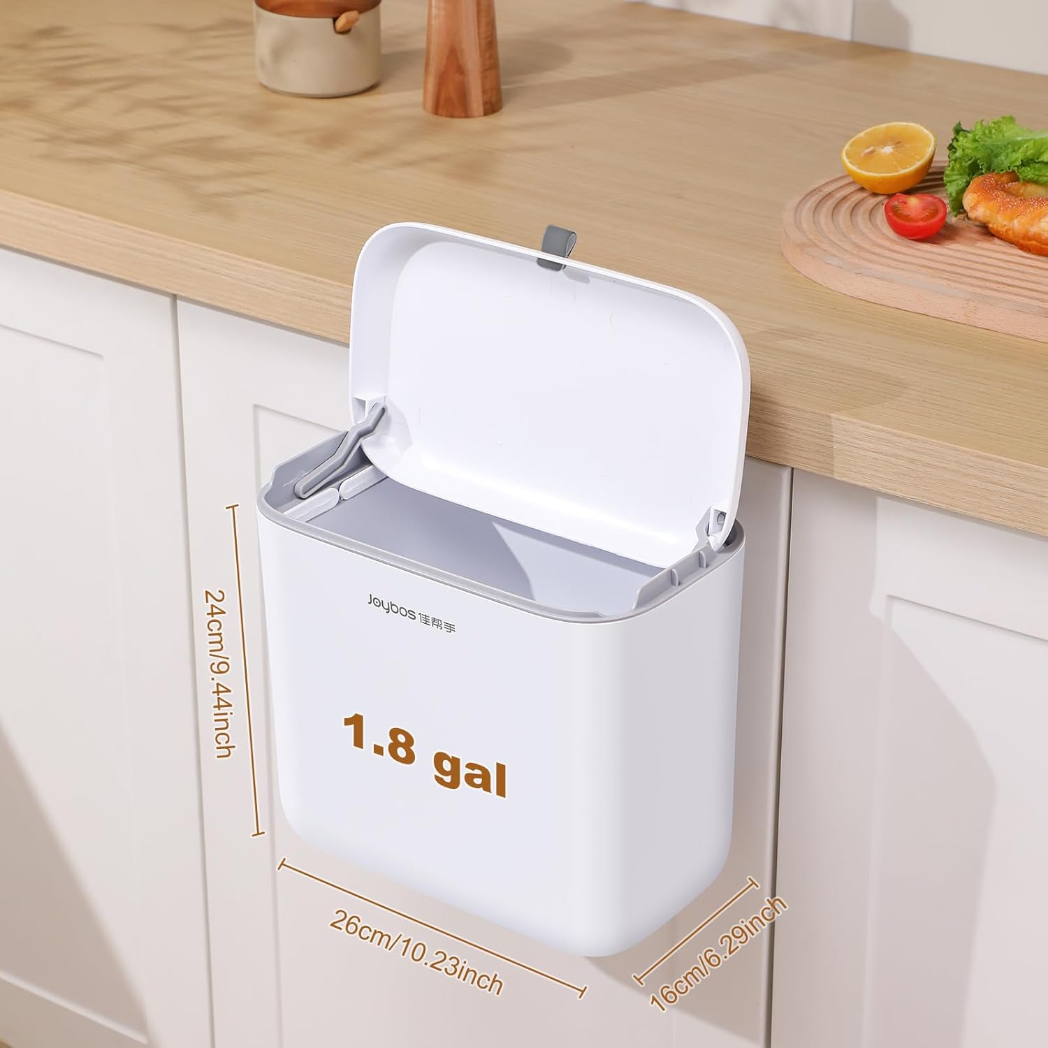 1.8 Gal Hanging Trash Can with Lid – Wall & Cabinet Mount Compost Bin (White)
