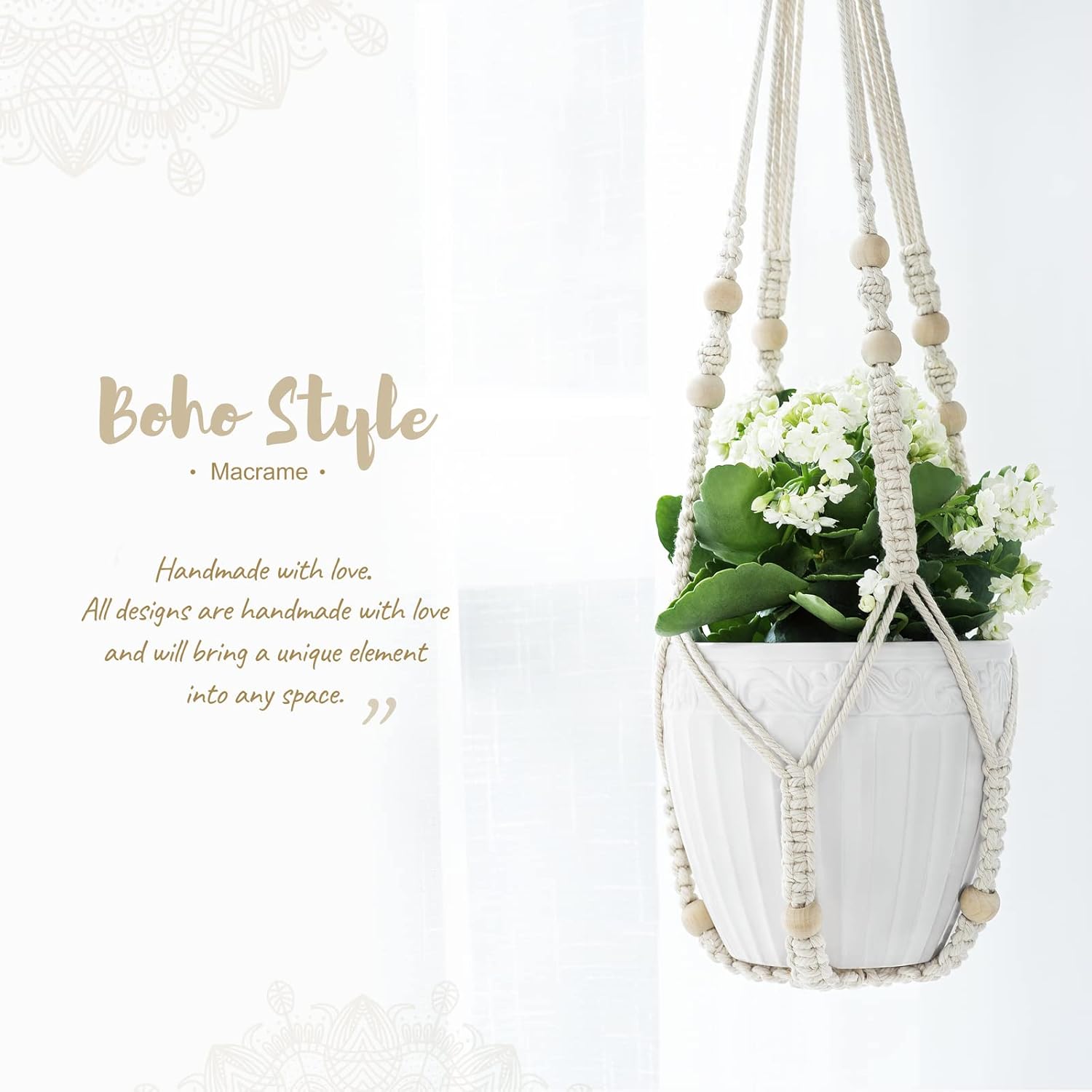 3-Pack Macrame Plant Hangers – Ivory Indoor Hanging Planters with Beads, 3 Sizes (35", 29", 23") – No Tassels