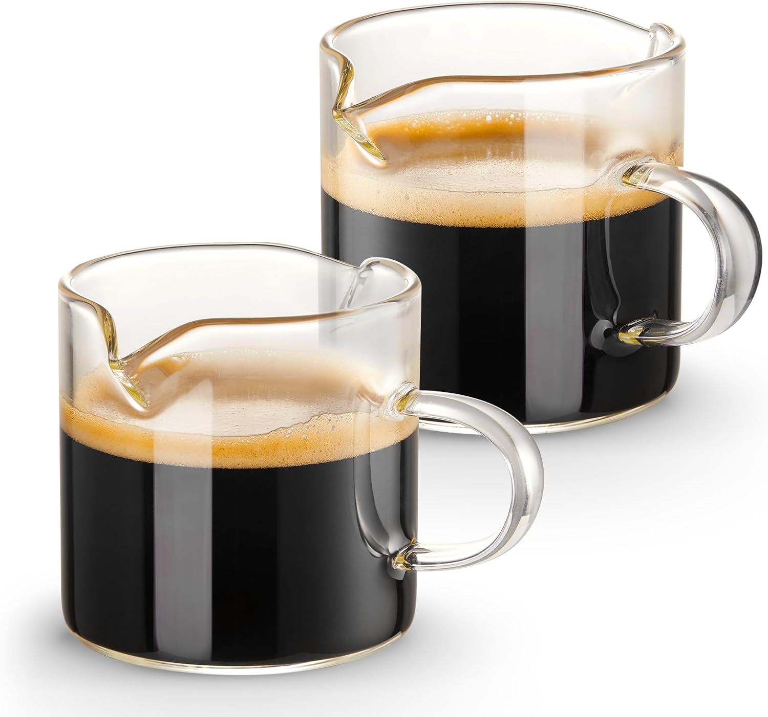Double Spout Espresso Cups – 2-Pack 4oz Clear Glass Shot Cups with Handle for Coffee & Milk Frothing