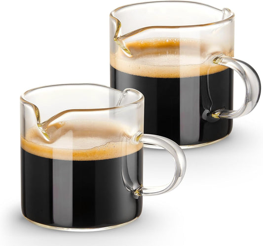 Double Spout Espresso Cups – 2-Pack 4oz Clear Glass Shot Cups with Handle for Coffee & Milk Frothing