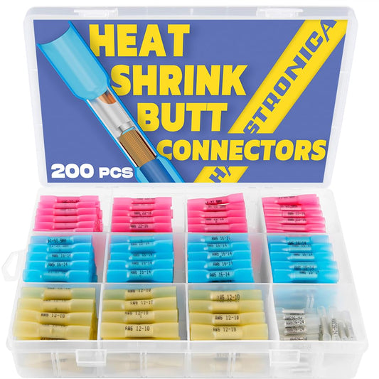 200PCS Marine Grade Heat Shrink Wire Connectors – Waterproof Red Copper Butt Splice Kit (26–10 Gauge, 4 Sizes)