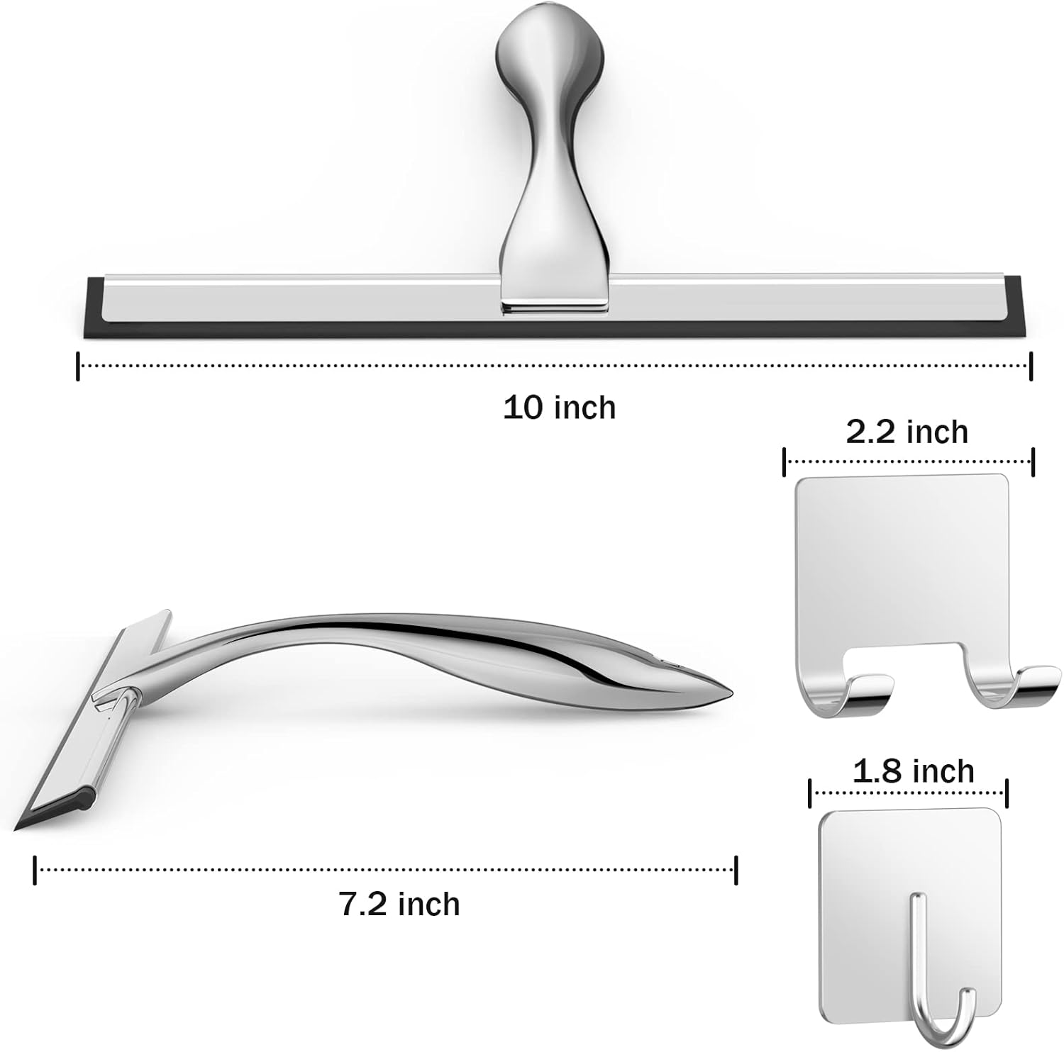 10" Stainless Steel Shower Squeegee – Glass Door & Tile Cleaner with 2 Adhesive Hooks