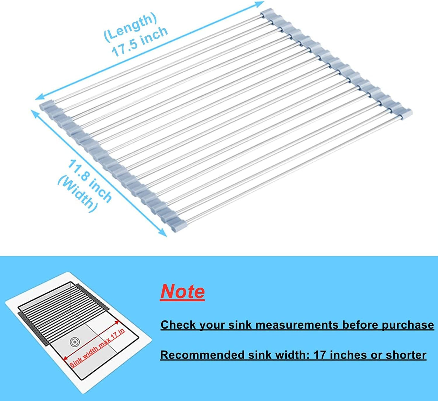 Roll-Up Over-the-Sink Dish Drying Rack – Foldable Stainless Steel Kitchen Drainer Mat, 17.5” x 11.8”