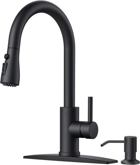Black Kitchen Faucet with Soap Dispenser – 3-Mode High Arc Pull Down Sprayer