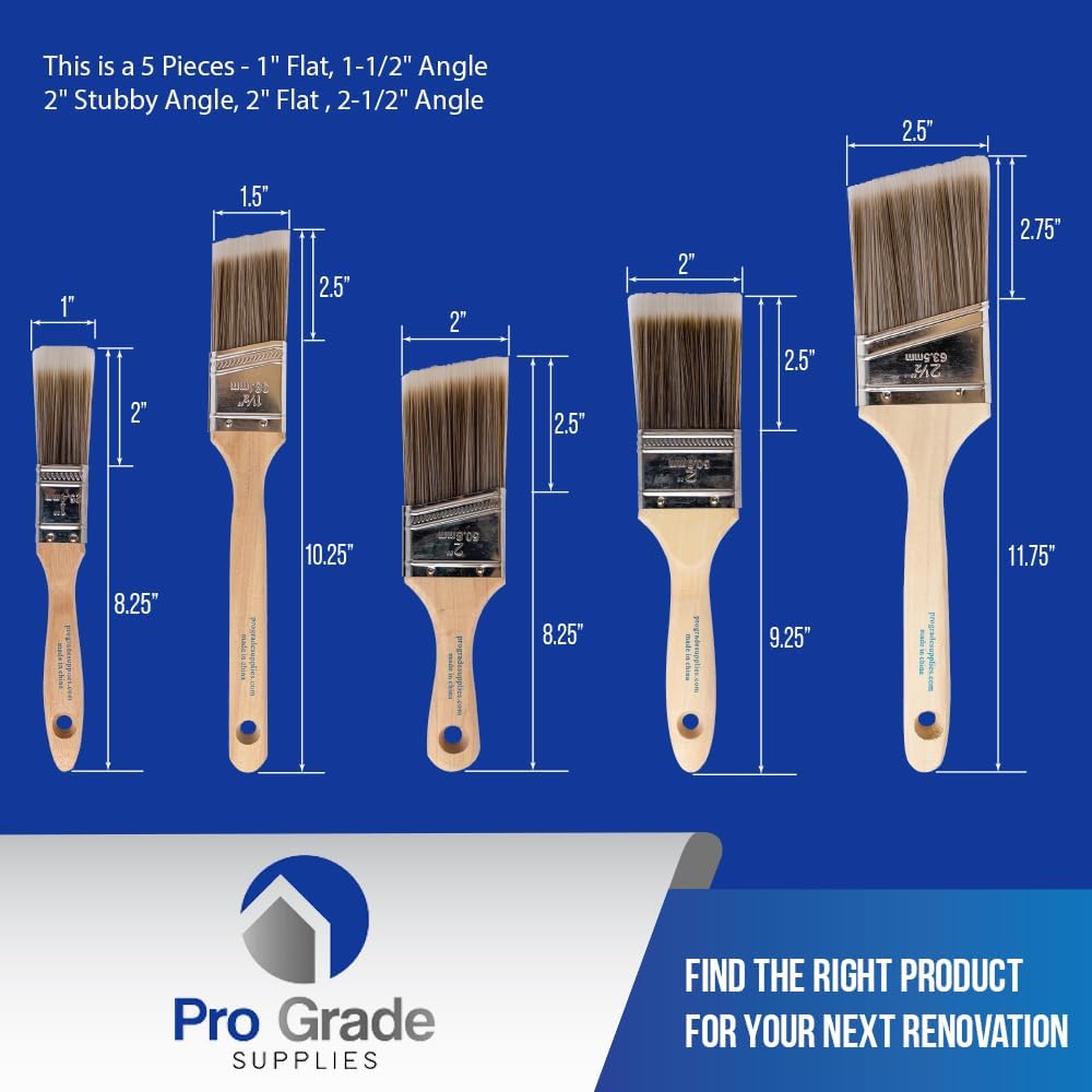 5-Piece Paint Brush Set – Flat & Angled Brushes for Latex, Oil, Stains, Interior & Exterior Use