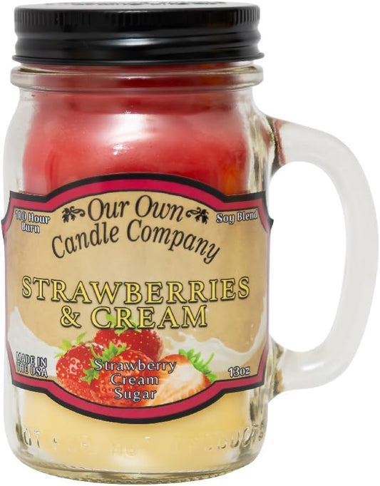 Strawberries & Cream Scented Mason Jar Candle – 100-Hour Burn, 13 oz 