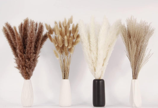 100 Stems Dried Pampas Grass & Bunny Tails Bouquet – 17" Boho Rustic Farmhouse Wedding & Home Décor (White & Brown)