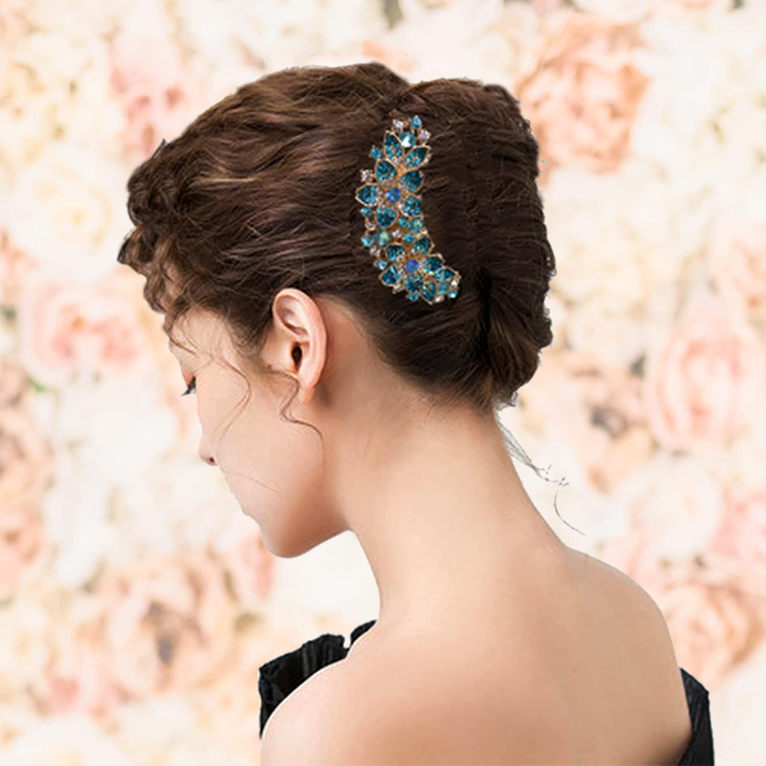 Rhinestone Flower Hair Comb – Elegant Blue Hairpin Barrette for Women