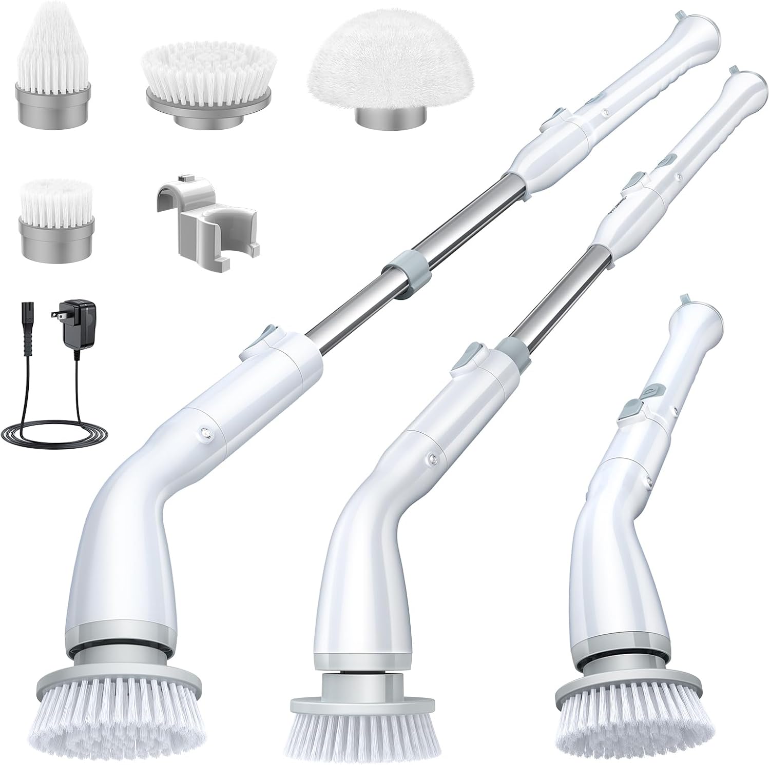 Electric Spin Scrubber LA1 Pro – Cordless Cleaning Brush with 4 Heads & Adjustable Extension Handle – White
