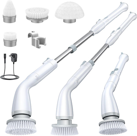 Electric Spin Scrubber LA1 Pro – Cordless Cleaning Brush with 4 Heads & Adjustable Extension Handle – White