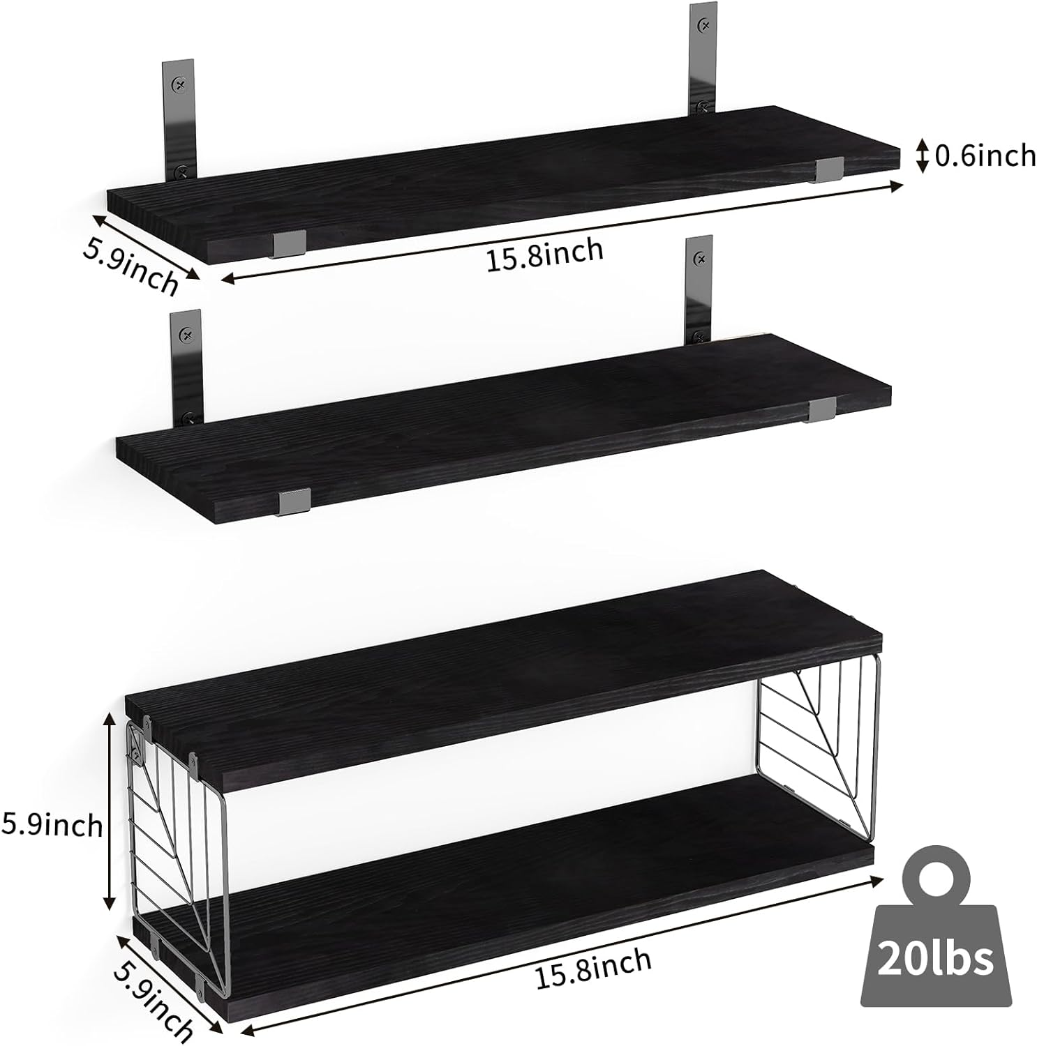 3+1 Tier Bathroom Floating Shelves over Toilet, 15.8In Farmhouse Rustic Wood Shelves, Wall Decor for Bathroom, Living Room,Bedroom and Kitchen (Black)