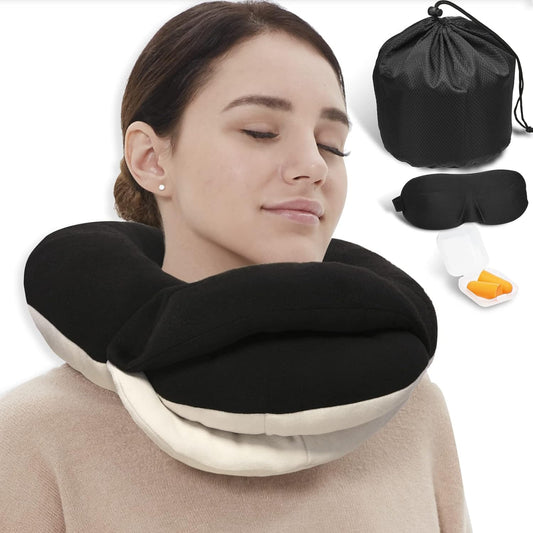 360° Travel Neck Pillow Kit – Breathable Head Support with Eye Mask, Earplugs & Storage Bag (Black)