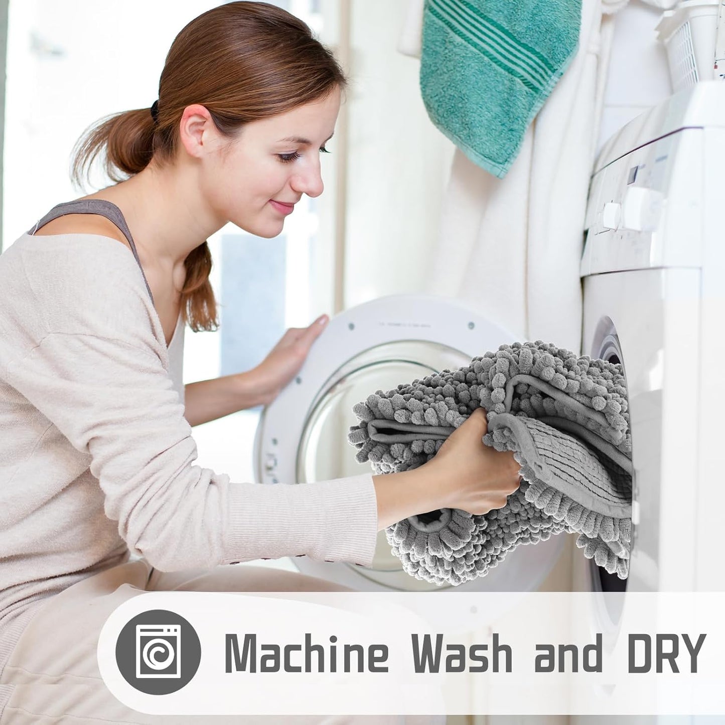 Non Slip Washable Chenille Bath Rug 24x17 – Soft Absorbent Quick-Dry Bathroom Mat, Gray