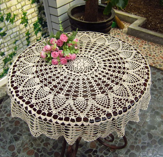 33" Vintage Crochet Lace Round Tablecloth – Handmade Cotton Doily Table Topper for Boho Wedding & Home Decor (Beige)