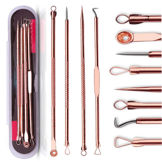 4-Piece Rose Gold Blackhead & Pimple Extractor Tool Set with Case – Acne & Comedone Removal Kit