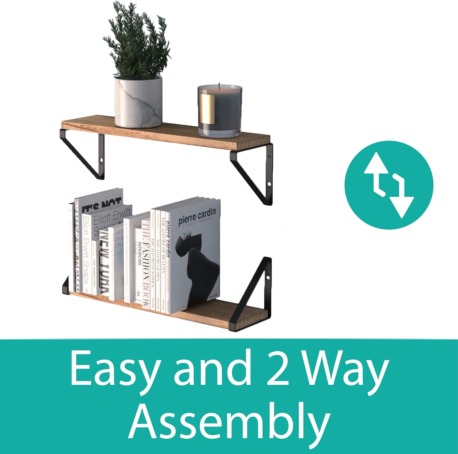 Set of 2 Rustic Floating Shelves – Wall Mounted Storage for Bathroom, Kitchen, Bedroom, or Laundry Room – Natural Burned Wood with Black Metal Brackets – Farmhouse Wall Decor Organizer