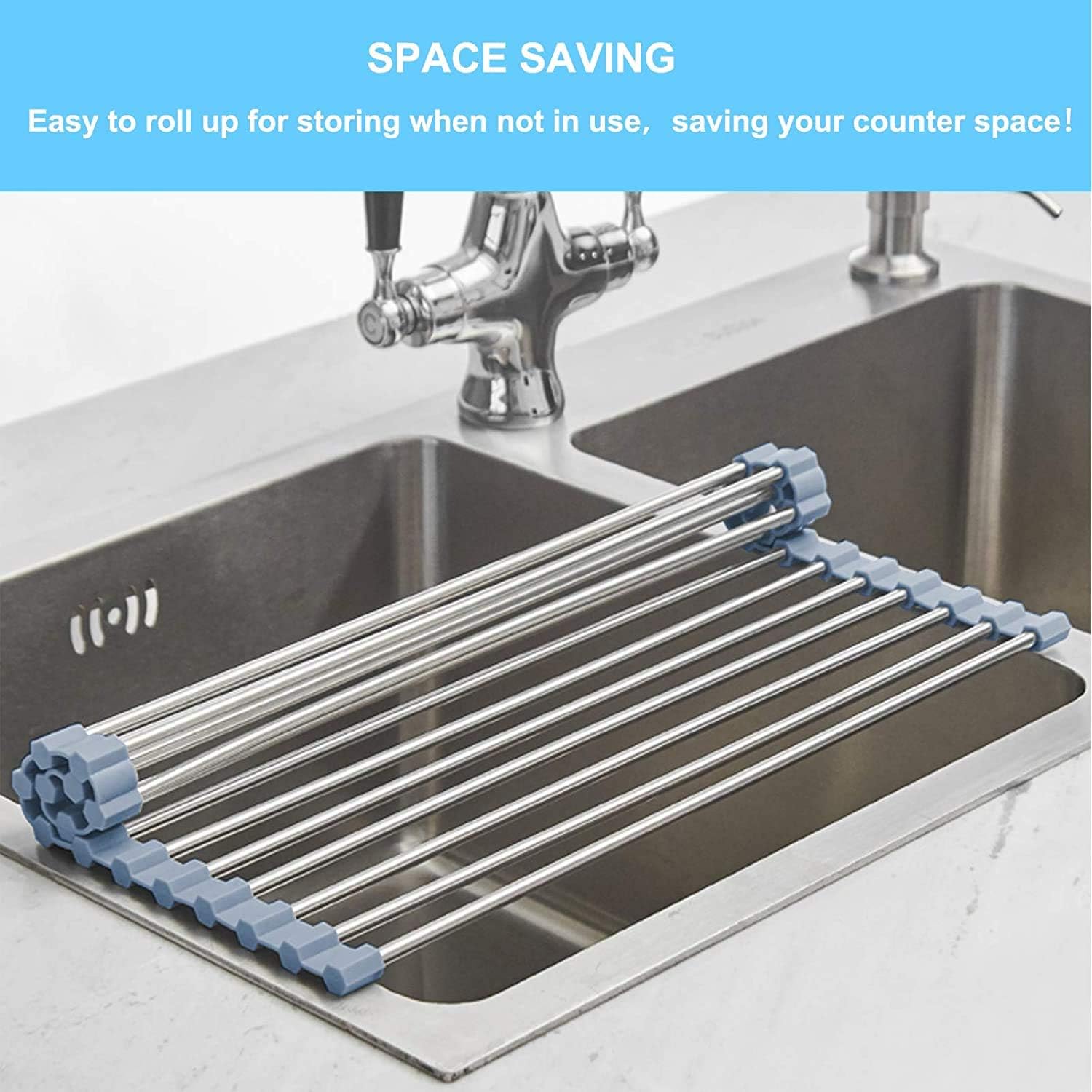 Roll-Up Over-the-Sink Dish Drying Rack – Foldable Stainless Steel Kitchen Drainer Mat, 17.5” x 11.8”