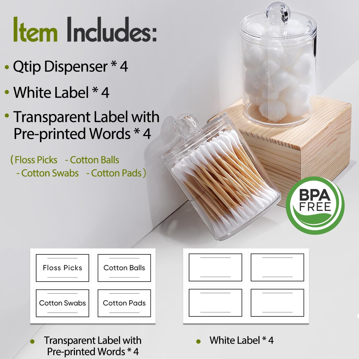 4-Pack Acrylic Qtip Holder Set – Clear Vanity Canisters for Cotton Swabs, Pads & Bathroom Essentials