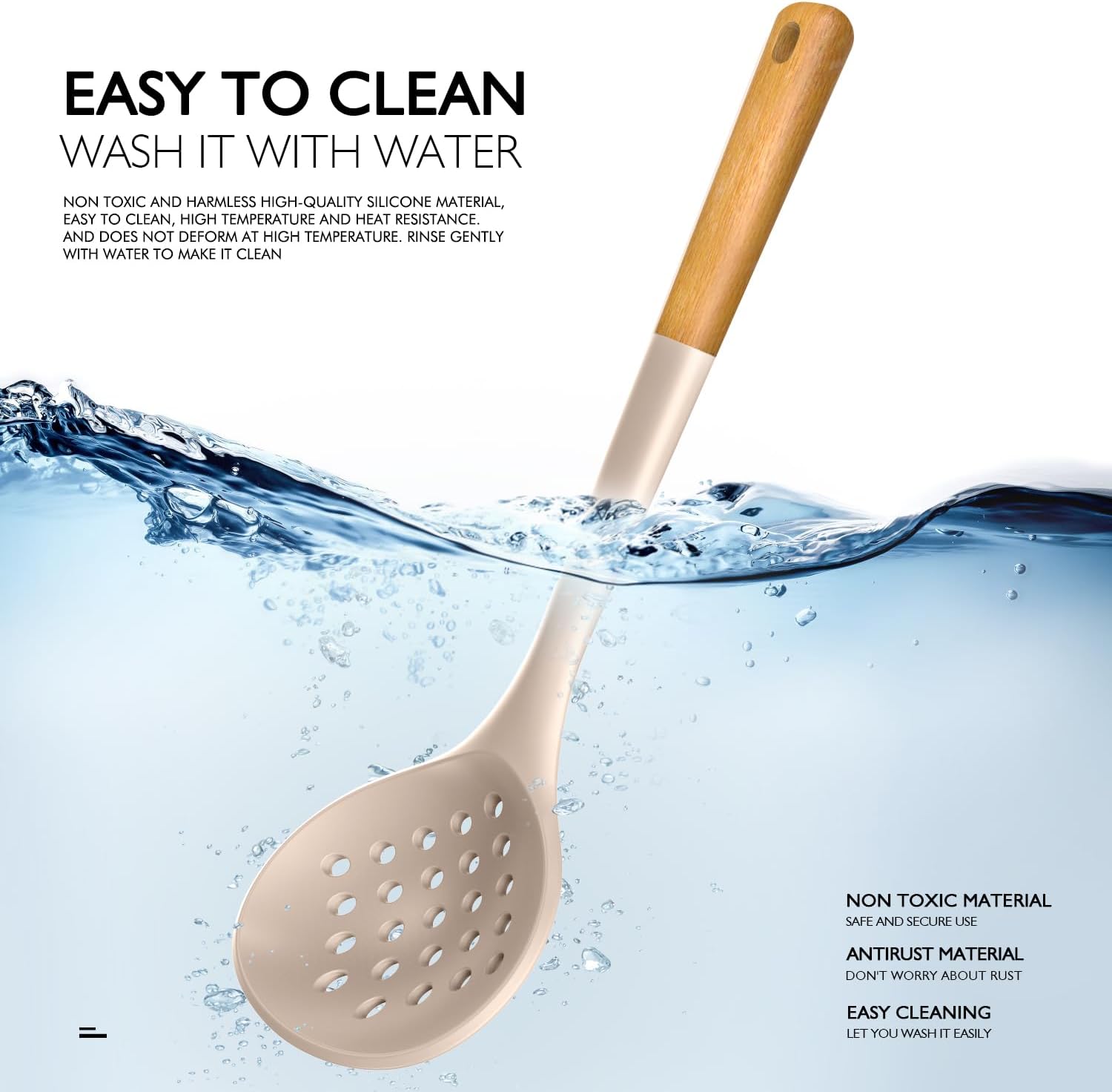 Cream White Silicone Cooking Utensils Set – Heat Resistant Kitchen Tools with Wooden Handles