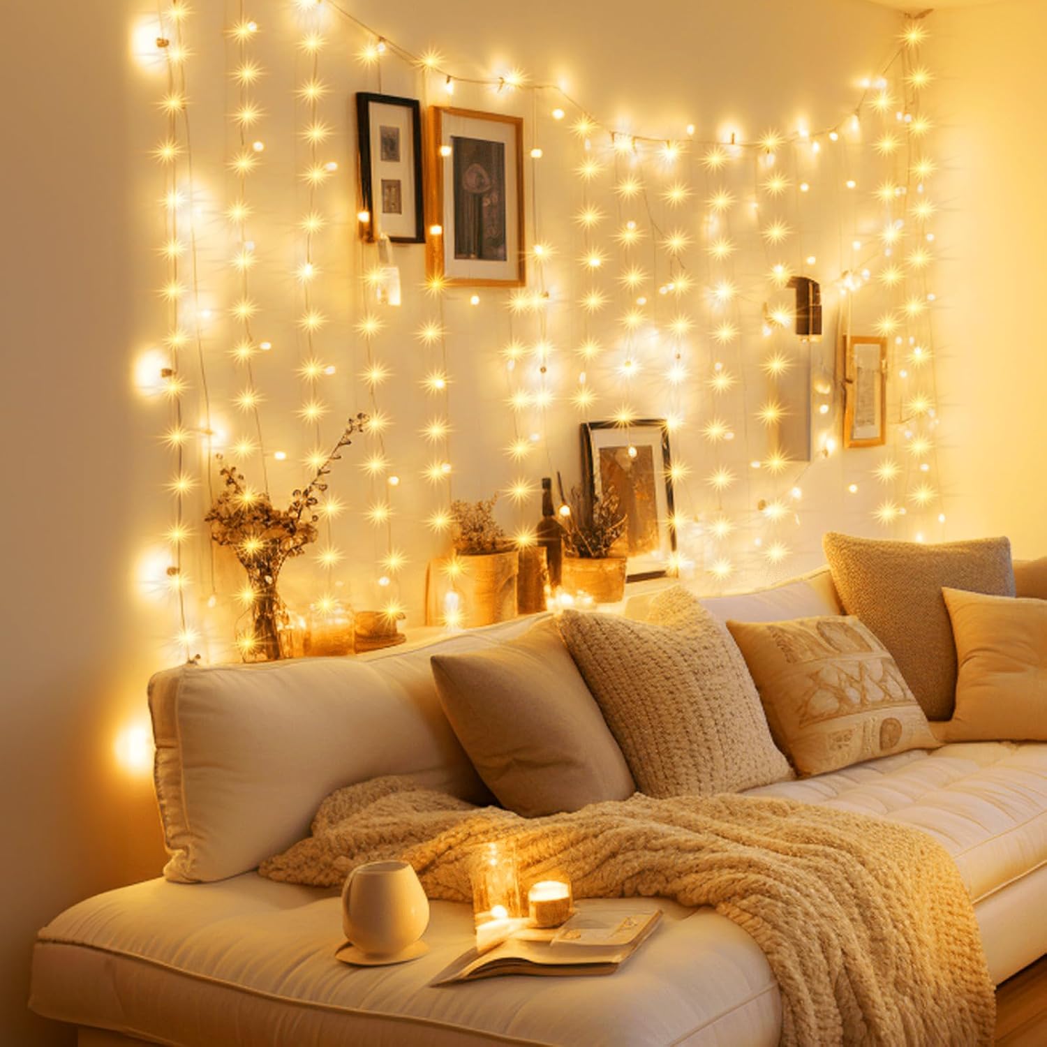 300 LED Curtain Fairy Lights – USB Powered Dimmable String Lights with Remote & Timer, 8 Modes, Warm White for Wall, Party & Holiday Décor