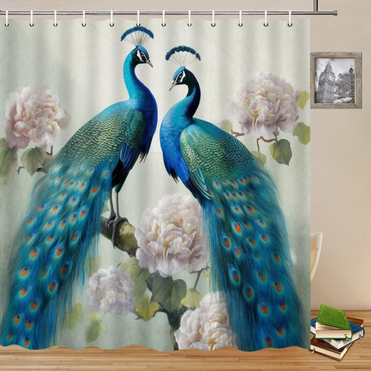 Peacock Shower Curtain – 70x70 Inch Chinese Style Bathroom Decor with Blue Bird, Peony Flowers & Green Leaves – Elegant Polyester Fabric with Hooks Included