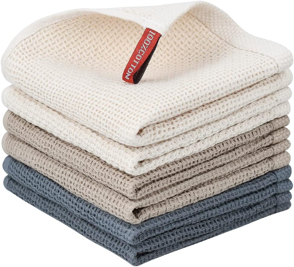 6-Pack Cotton Kitchen Towels & Dishcloths – Soft, Quick-Drying Dish Towels (12x12", Multi-Color)