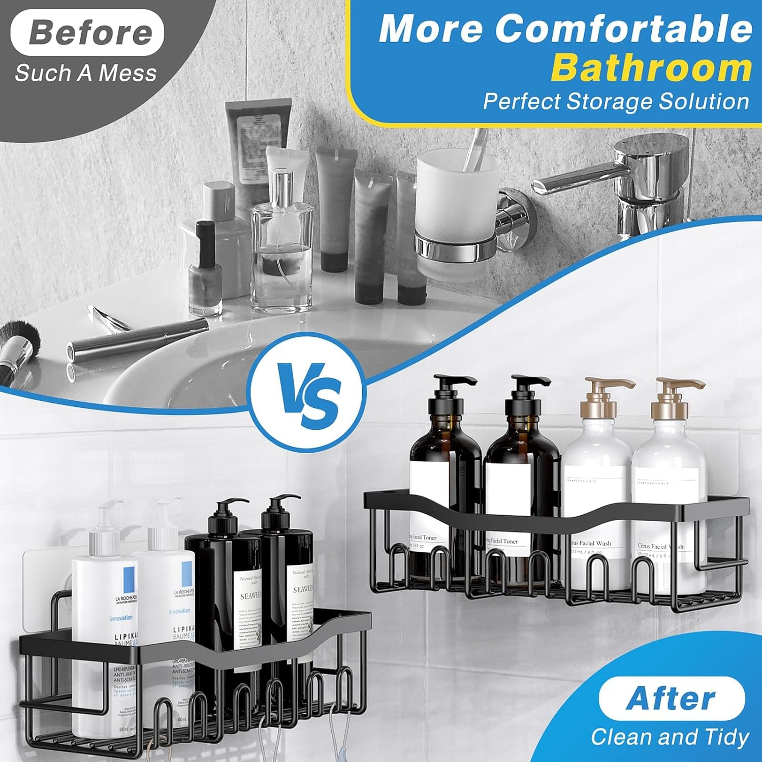 5-Pack Adhesive Shower Caddy – Rustproof Stainless Steel Bathroom Organizer Shelves, Large Capacity, No-Drill Wall Mount Storage for Bath & Home