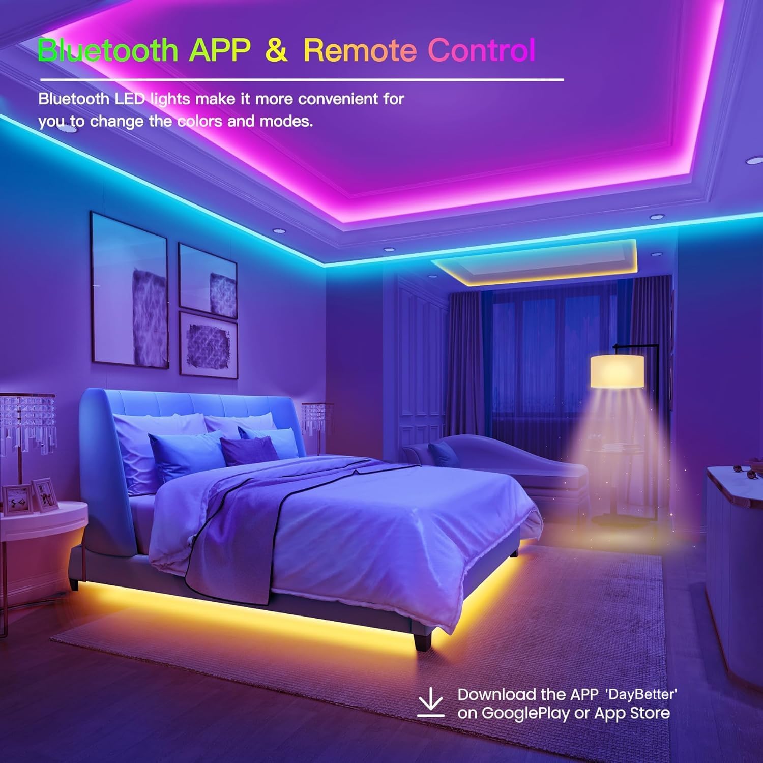 100FT LED Strip Lights – RGB Color Changing Lights with Bluetooth App, Music Sync, Remote Control for Bedroom & Party Decor