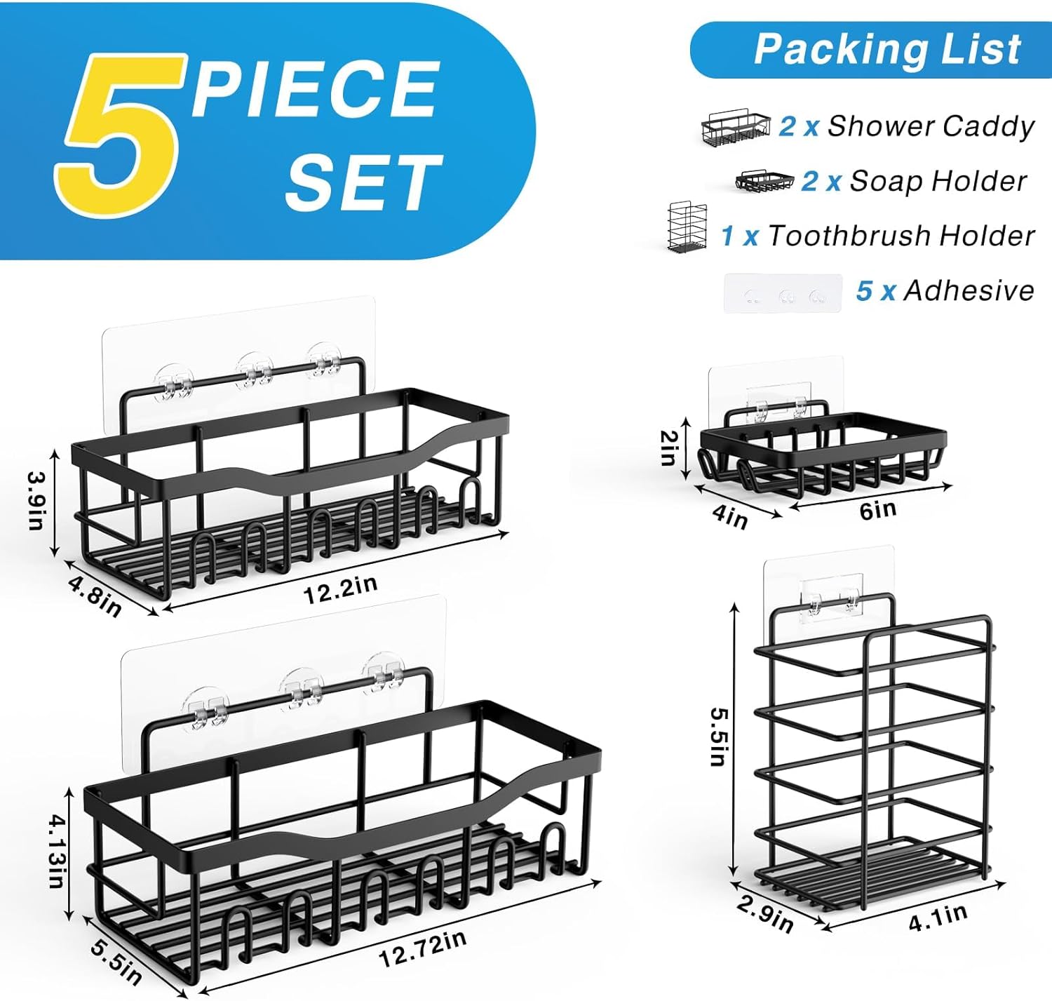 5-Pack Adhesive Shower Caddy – Rustproof Stainless Steel Bathroom Organizer Shelves, Large Capacity, No-Drill Wall Mount Storage for Bath & Home