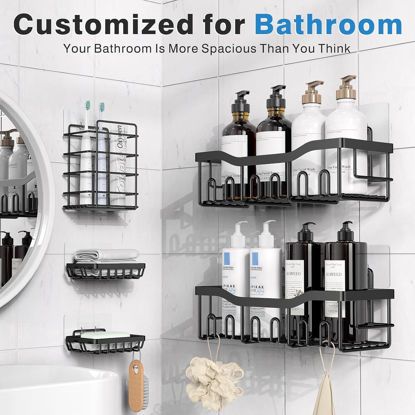 5-Pack Adhesive Shower Caddy – Rustproof Stainless Steel Bathroom Organizer Shelves, Large Capacity, No-Drill Wall Mount Storage for Bath & Home