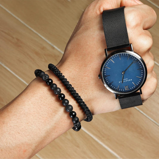Men’s Black Beaded Bracelet Set – 6mm Obsidian, Onyx & Lava Stone Jewelry
