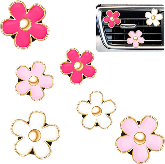 6 Pcs Daisy Flower Car Air Vent Clip Set – Cute Dashboard Accessories & Car Air Fresheners (Red, Pink, White)