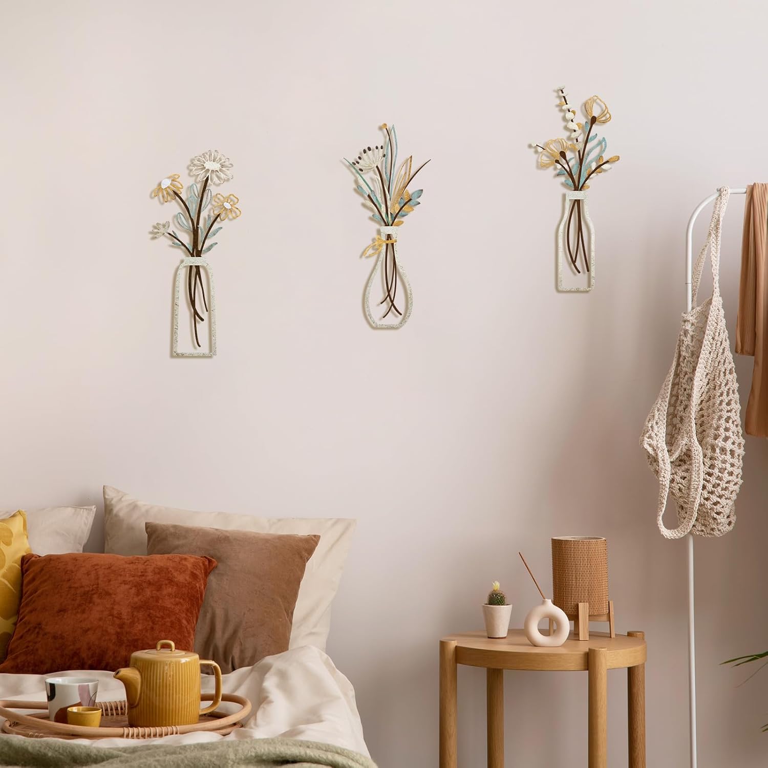 Rustic Beige Metal Flower Wall Art – 3-Piece Minimalist Farmhouse Wall Décor Set