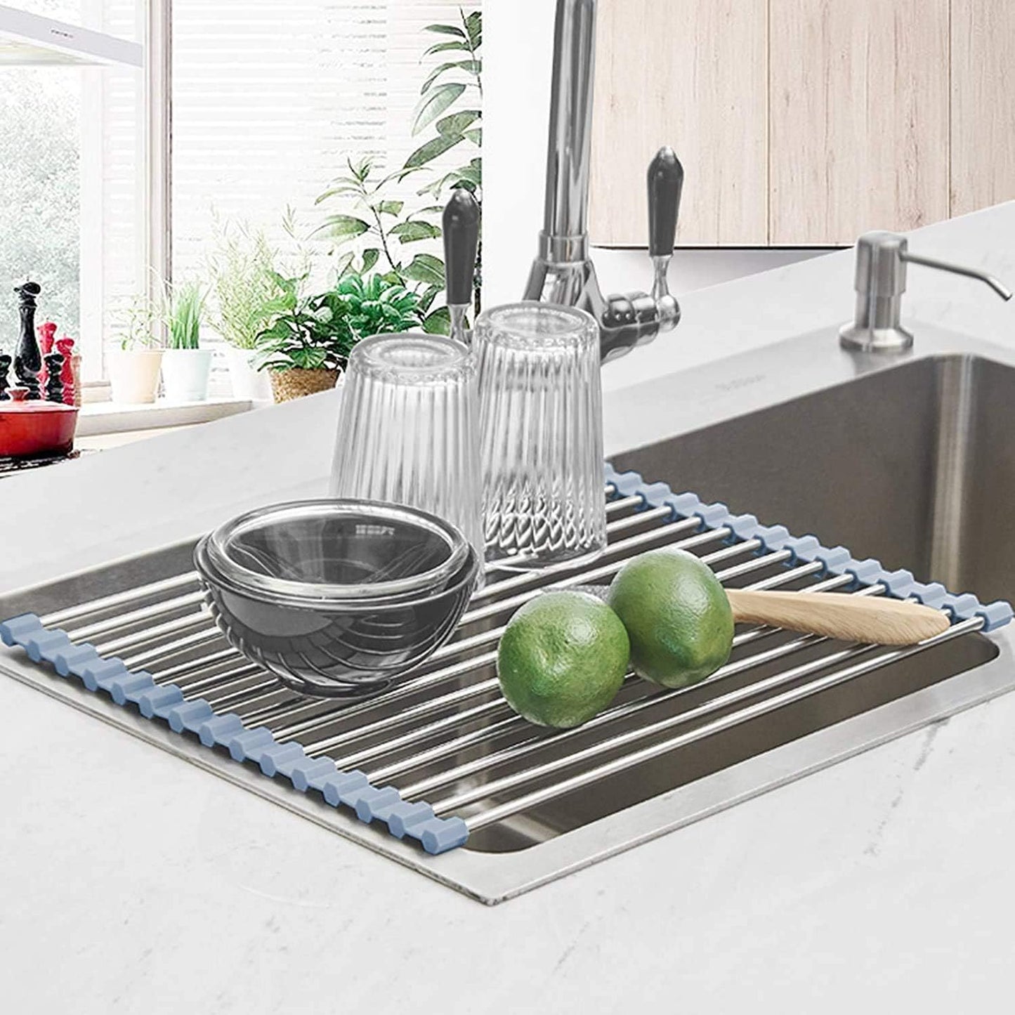 Roll-Up Over-the-Sink Dish Drying Rack – Foldable Stainless Steel Kitchen Drainer Mat, 17.5” x 11.8”