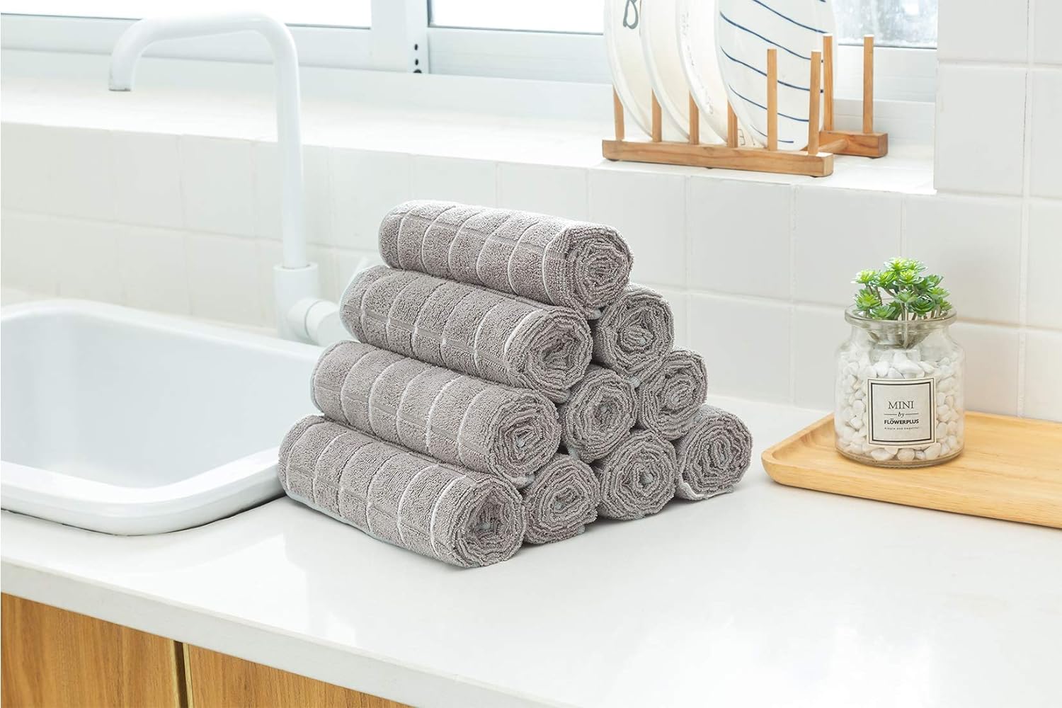 8-Pack Microfiber Dish Towels – Super Absorbent Lint-Free Kitchen Towels (Gray Lattice, 26x18")