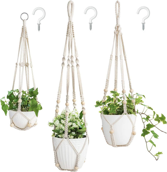 3-Pack Macrame Plant Hangers – Ivory Indoor Hanging Planters with Beads, 3 Sizes (35", 29", 23") – No Tassels