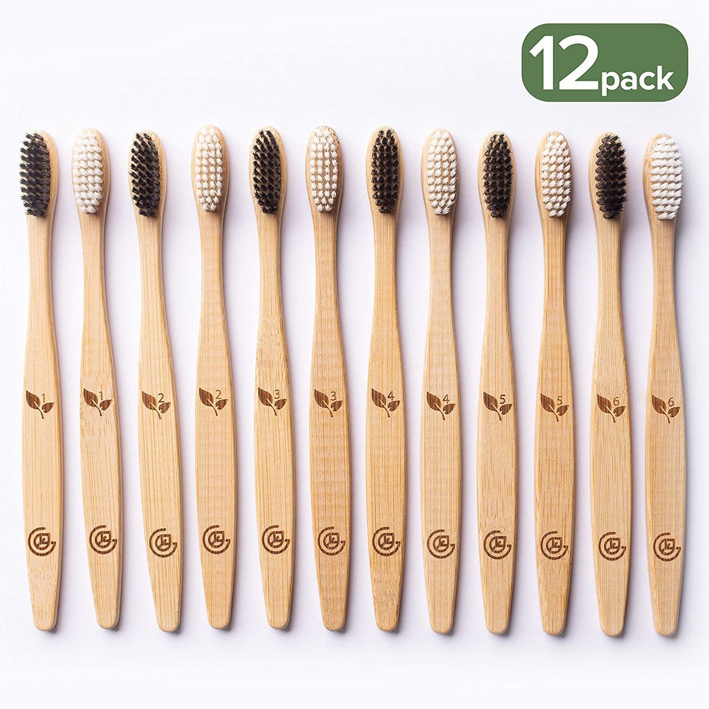 Bamboo Toothbrush Set – 12 Pack Eco-Friendly Wooden Toothbrushes with Soft Bristles, Travel Case & Charcoal Dental Floss
